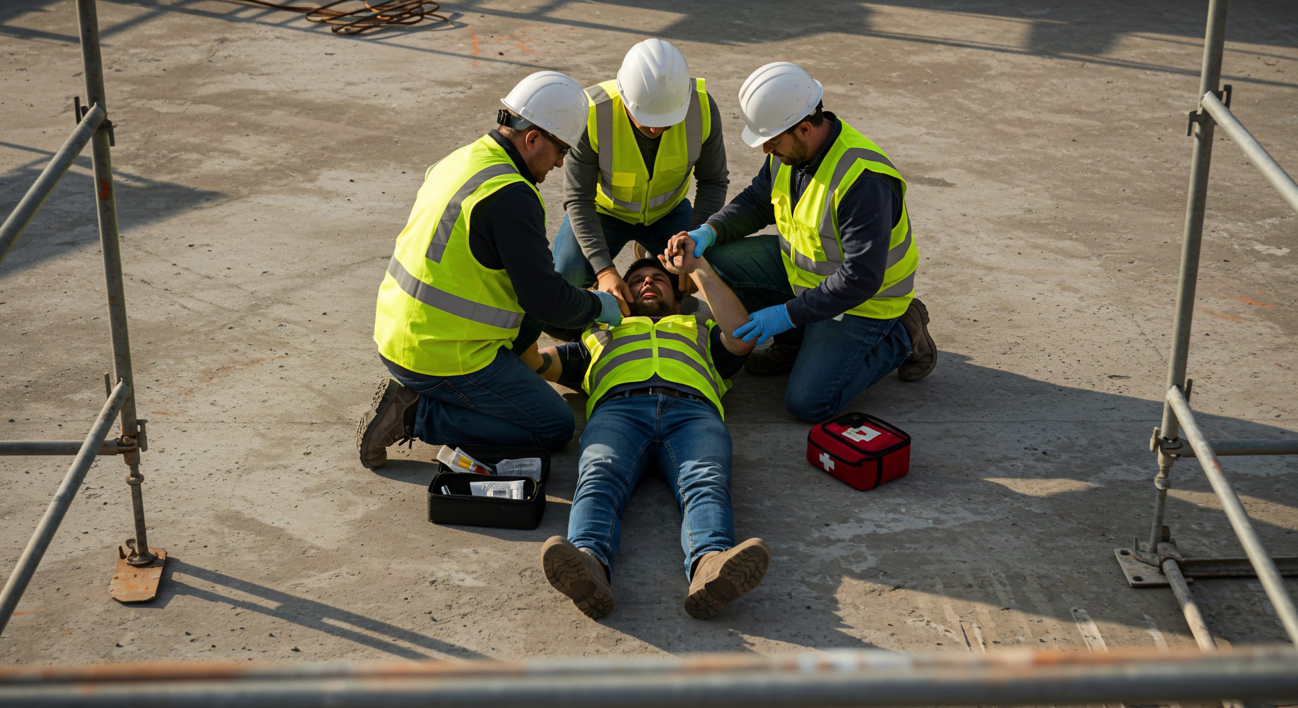 Construction Site Emergency: Workers Aid Injured Colleague Construction Site Emergency: Workers Aid Injured Colleague